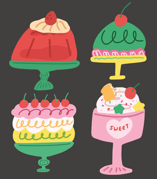 Vector illustration of red and green jelly pudding dessert banna split ice cream and sweet ice cream
