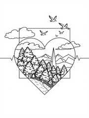 Minimilist heart shaped frame containing a forest landscape with mountains and birds flying in the sky above it vector