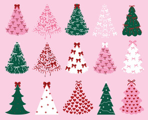 Christmas tree with color bows. New year decoration. Christmas decor. Bows set. Simple hand drawn ribbon bows. Bowknot for decoration, set of bowtie. Retro Christmas card . Wonderful winter time