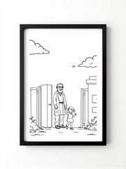 Minimilist illustration of an older man in a lab coat holding hands with a young girl near a gate and clouds above vector