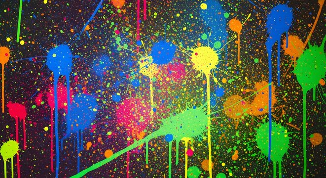 A dynamic explosion of vibrant neon paint splatters creating a chaotic yet beautiful abstract background full of energy and color