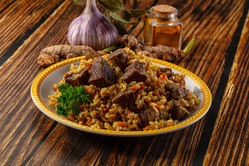 Asian traditional pilaf with beef