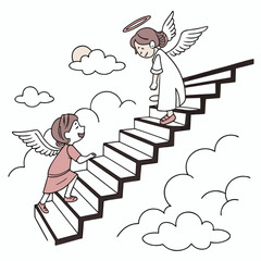 Minimilist two cartoon angels on a staircase surrounded by clouds in a heavenly scene with a sun and halo above vector