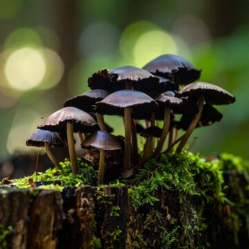 Dark mushrooms on a mossy tree stump
