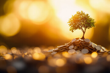 A conceptual image of a green tree growing from a pile of coins, symbolizing long-term investment success and financial education