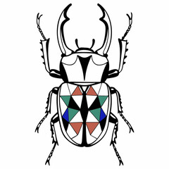 Minimilist detailed line art of a stag beetle with geometric patterns on its back in various colors and shapes vector