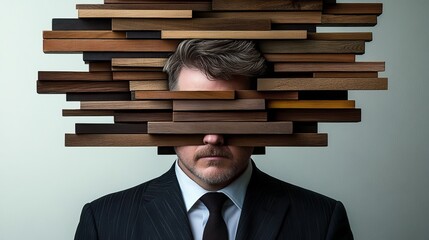 Surreal Businessman Struggling to Break Free from Impenetrable Barriers and Mental Blockages