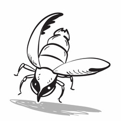 Minimilist illustration of a black and white bee with wings outstretched casting a shadow on the ground surface vector