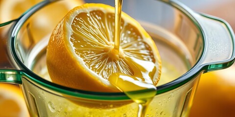 A halved lemon firmly pressed in a citrus juicer, juice dripping, still life, hand juicer