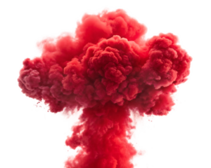 A striking red cloud formation against a white background creating a dynamic and abstract composition