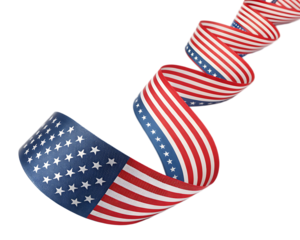 A patriotic ribbon with stars and stripes winding on a white surface in a studio setting close up