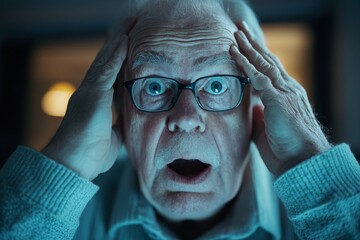 Close-up of a shocked senior man at home, looking worriedly at his phone screen while holding his head in concern, Generative AI