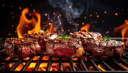 Juicy steaks sizzle on a hot grill with flames and smoke, some garnished with rosemary sprigs, showcasing perfect searing and pink centers