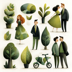 Corporate sustainability strategy illustrations with green elements