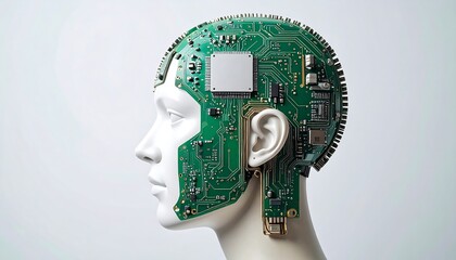 A mannequin head with a circuit board design covering its head and ears.  It's a side profile, suggesting futuristic technology