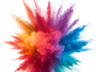Vibrant explosion of colorful powder creating a dynamic and eye catching abstract design on white background