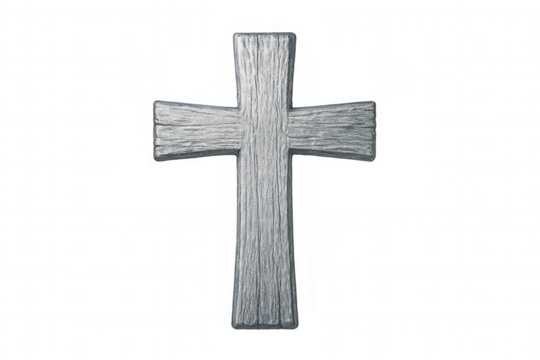 Silver cross with wood texture symbolizing christianity, faith, and spirituality, isolated on a transparent background