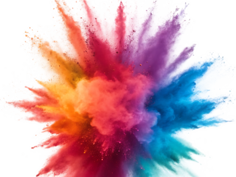 Vibrant explosion of colorful powder creating a dynamic and eye catching abstract design on white background