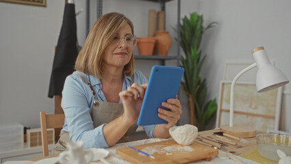 Woman holding blue tablet while tapping touchscreen at pottery studio desk with clay tools and lamp; calm creative concentration.