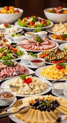 Assorted buffet spread with cold cuts, salads, and appetizers on table