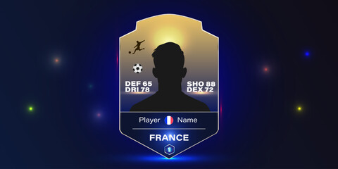 Football player silhouette with statistics and France flag on digital sports card template. Futuristic game interface mockup with glowing background.