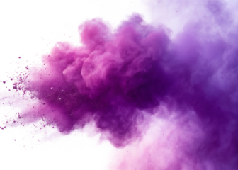 An abstract explosion of purple and pink powder against a bright white background with scattered particles