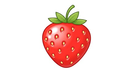 Fototapeta premium Juicy red strawberry with green leaves and seeds, perfect for food branding and healthy lifestyle promotions, a vibrant and fresh fruit illustration.