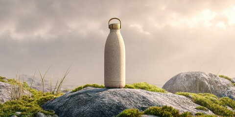 Elegant thermos bottle on moss covered rocks with serene outdoor nature backdrop