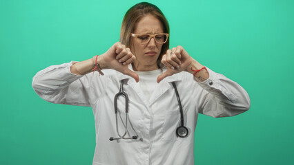 Young hispanic woman doctor with stethoscope giving thumbs down in turquoise studio; professional...