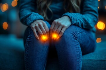 Close-up of young womans hands resting on her , seated on a sofa at home, experiencing severe pain and discomfort, Generative AI