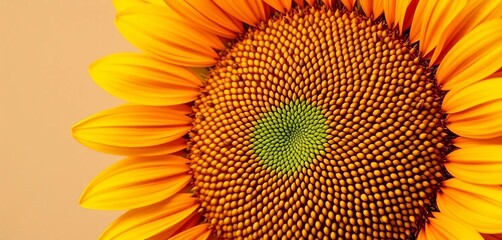Close-up of vibrant sunflower with abundant seeds against a beige backdrop, golden, still life