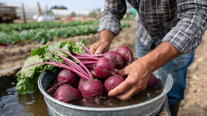 Person rinsing freshly harvested beets in a large metal bowl.