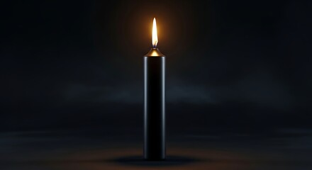 Single elegant black candle burns brightly with a warm flame, creating a serene and contemplative atmosphere against a dark, moody background