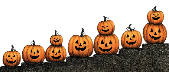 A row of spooky jack-o’-lantern faces in chalk style with stair-step alignment, isolated on transparent background.
