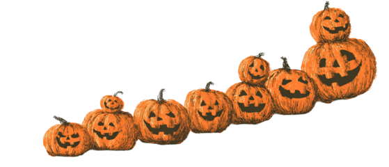 A row of spooky jack-o’-lantern faces in chalk style with stair-step alignment, isolated on transparent background.
