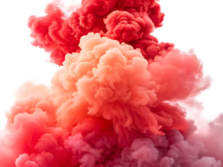 Abstract red and peach colored smoke cloud against a white background in a studio setting