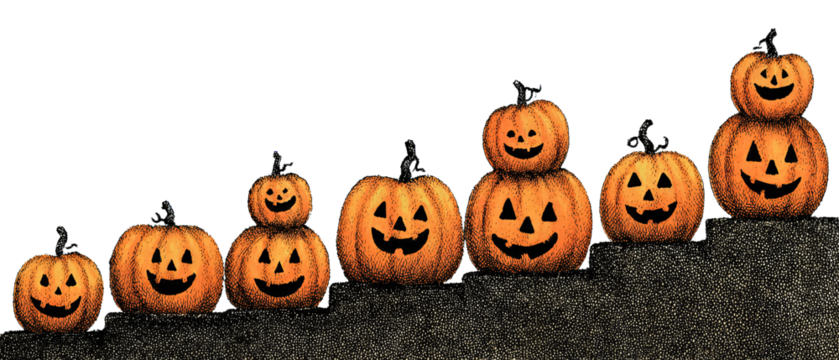 A row of spooky jack-o’-lantern faces in chalk style with stair-step alignment, isolated on transparent background.
