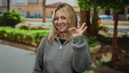 Woman making ok gesture in park setting with bright smile, surrounded by lush greenery and blurred urban background on a sunny day, showcasing casual outdoor lifestyle.
