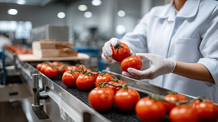 Hand carefully picks ripe tomatoes from the production line in a food processing facility, illuminated by soft, natural light