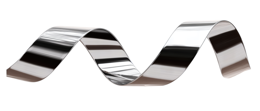 Horizontal flow of chrome ribbons with reflective curves and even spacing, isolated on transparent background.
