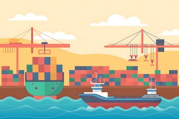 Obraz premium Cargo ships loading and unloading containers at busy port illustrating global trade and shipping