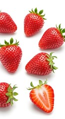 Fresh red strawberries isolated on white background with one sliced open