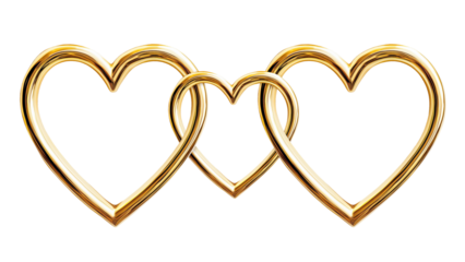 Golden Three Heart Shape Linked Rings Isolated on White and Png Transparent Background