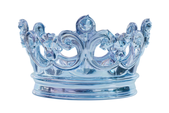 Elegant blue crown with polished metallic finish, scalloped edge, and jewel holders, isolated on transparent background.
