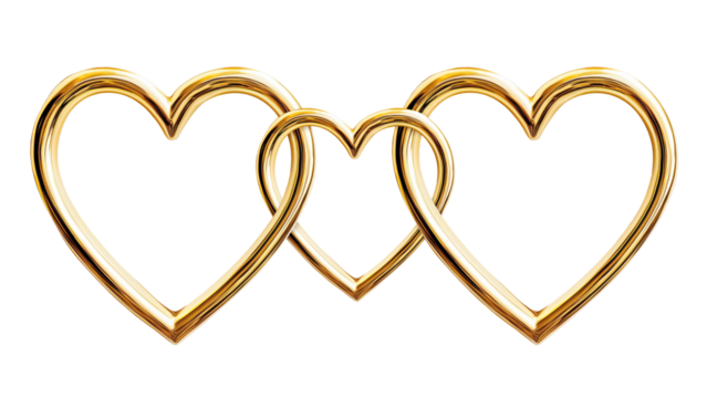 Golden Three Heart Shape Linked Rings Isolated on White and Png Transparent Background