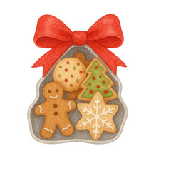 Watercolor illustration of a Christmas cookies gift box with a red bow, featuring gingerbread man, snowflake, tree, and festive treats. Perfect for holiday cards and decorations.