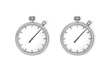 Two simple time icons side by side, stopwatch and round clock with thick lines, isolated on transparent background.