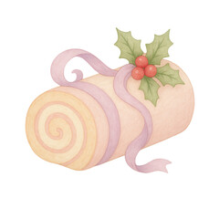 Watercolor illustration of a Christmas Swiss roll cake decorated with holly leaves, red berries, and a pink ribbon. Perfect for holiday cards, bakery menus, and festive designs.