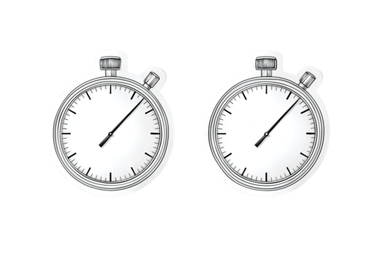 Two simple time icons side by side, stopwatch and round clock with thick lines, isolated on transparent background.
