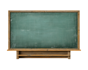 A vintage green classroom chalkboard with wooden frame and ledge, spotless surface, isolated on transparent background.
